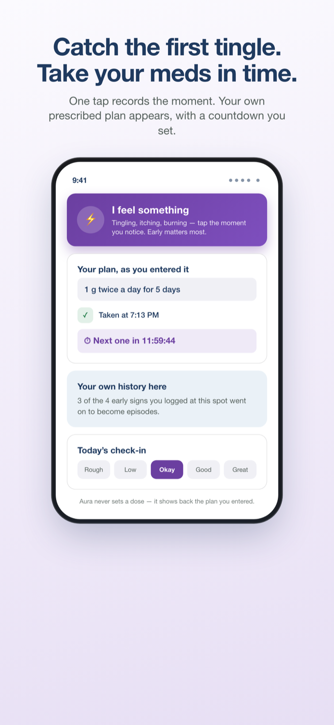 Aura screen showing the I feel something button, the user's own prescribed plan displayed back to them, a countdown to the next dose, and a note that Aura never sets a dose