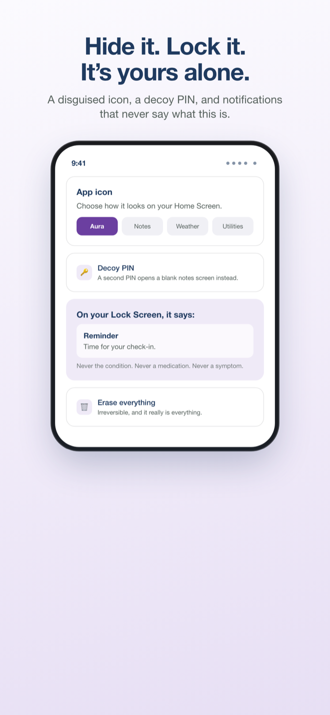 Aura privacy settings showing the disguised app icon options, Face ID lock and decoy PIN