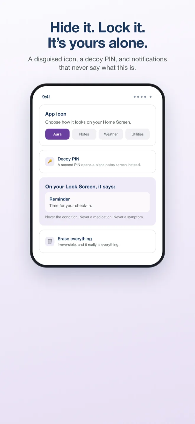 Aura privacy settings showing the disguised app icon options, Face ID lock and decoy PIN
