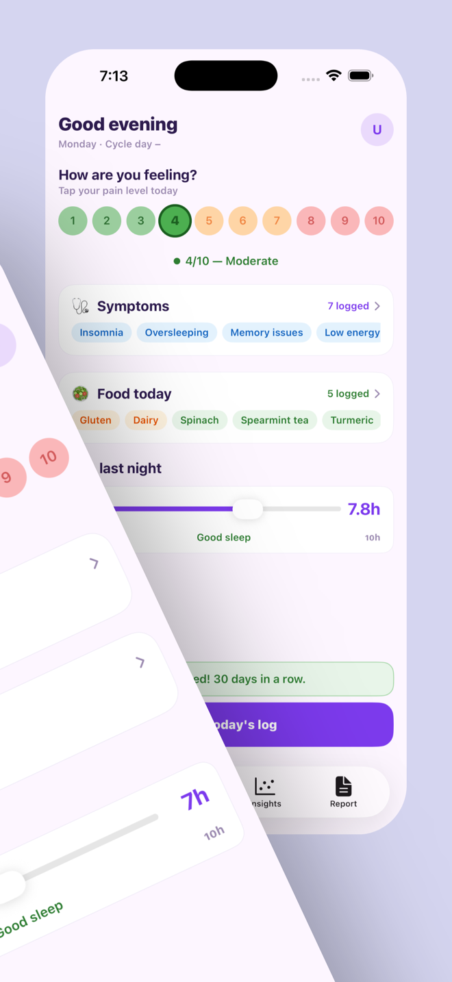 Luna daily logging screen showing pain level, symptoms, food and sleep