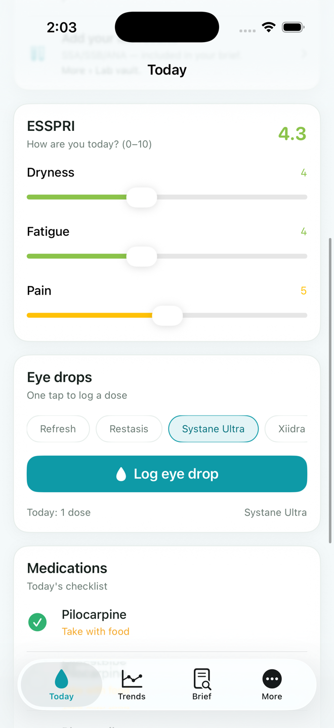 Dew daily log with ESSPRI sliders, eye drops and medications