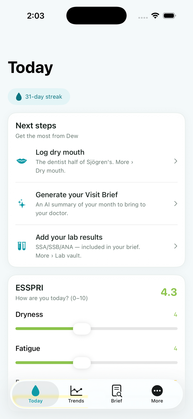 Dew Today screen with ESSPRI daily log and next steps