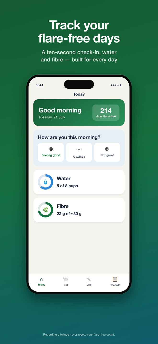 Diverticulitis Coach today screen with a flare-free day count, water and fiber tracking and a ten second check-in