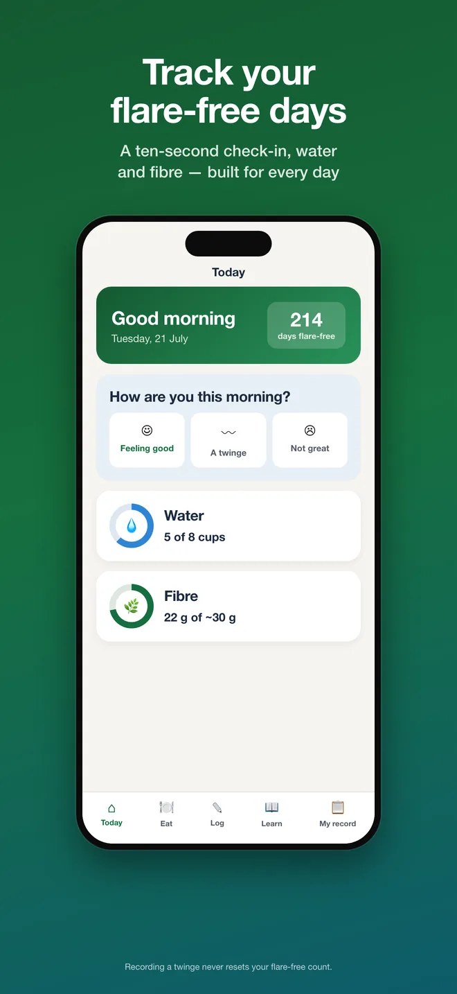 Diverticulitis Coach today screen with a flare-free day count, water and fiber tracking and a ten second check-in