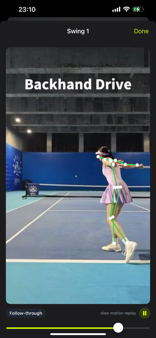 Grooved tracing an animated skeleton onto a backhand drive in slow-motion replay