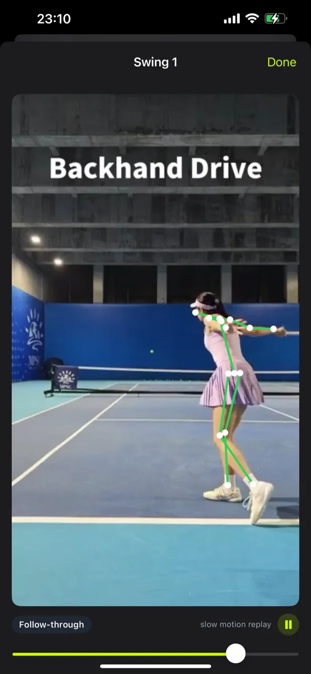 Grooved tracing an animated skeleton onto a backhand drive in slow-motion replay
