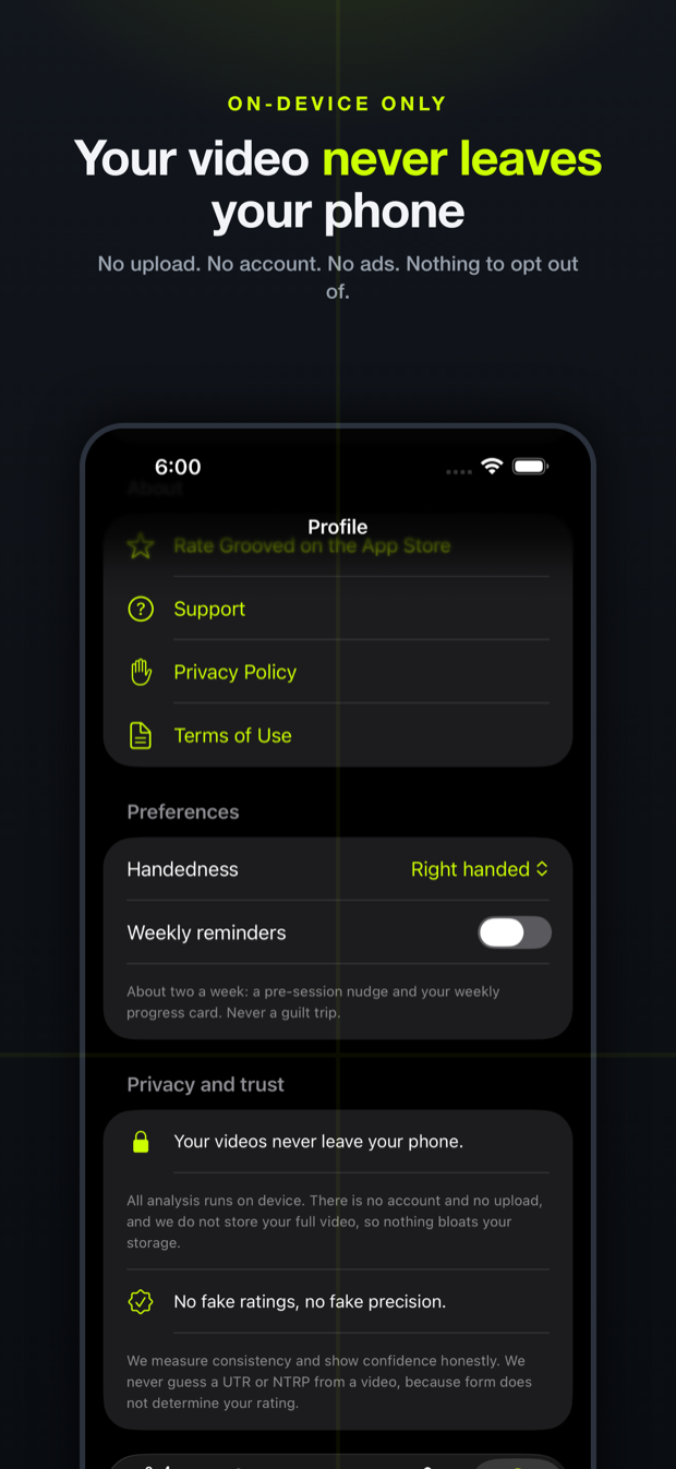 Grooved privacy screen: analysis on-device, no upload, no account, no ads