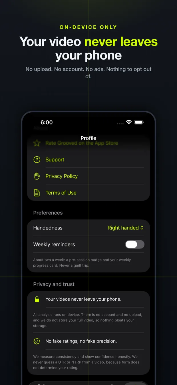 Grooved privacy screen: analysis on-device, no upload, no account, no ads