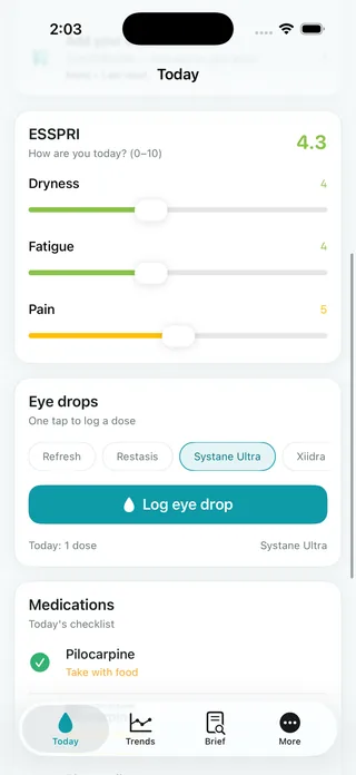 Dew logging the three ESSPRI scores for Sjogren's