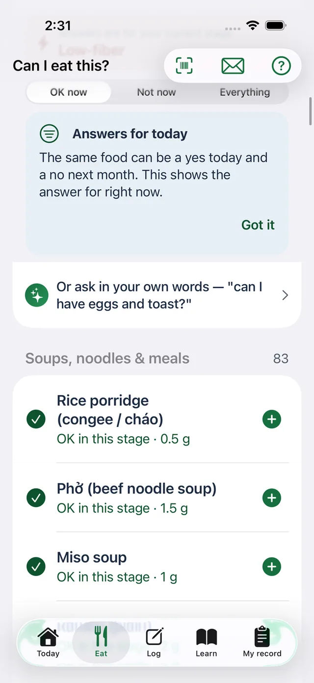 Diverticulitis Coach answering can I eat this for the current stage, with OK now, not now and everything filters