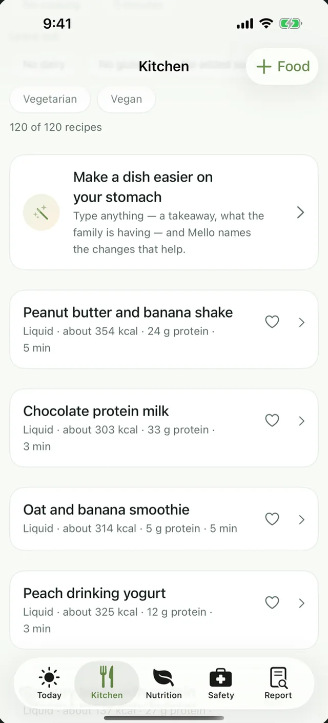 Mello Kitchen screen with recipes filtered to the texture you tolerate and the foods that have sat well for you at least three times