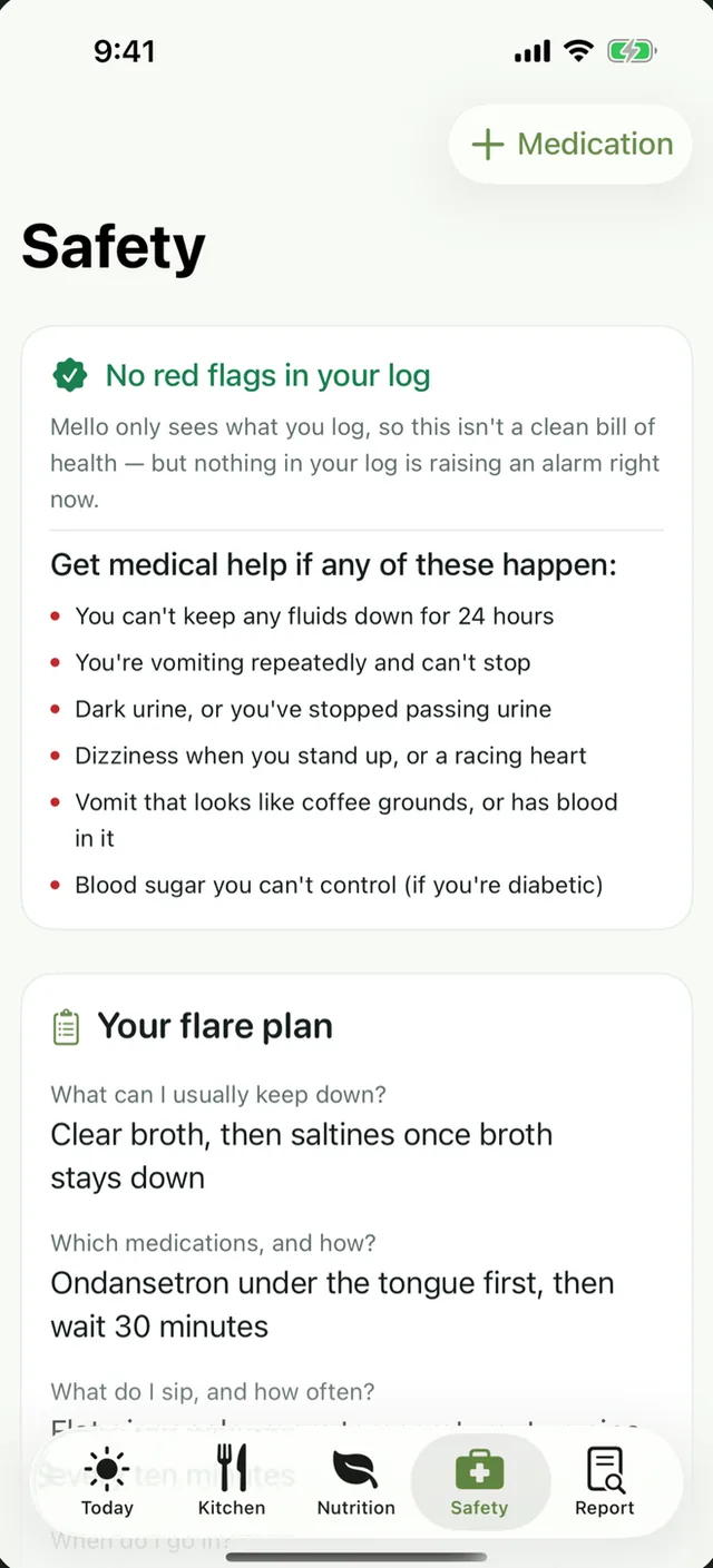 Mello Safety screen listing the red flags that need medical help, above a personal flare plan