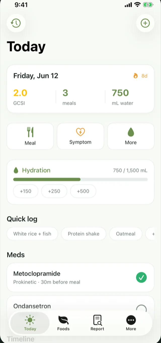 Mello Today screen showing energy, protein and fluid progress for the day with the next meal time and a What can I eat now button