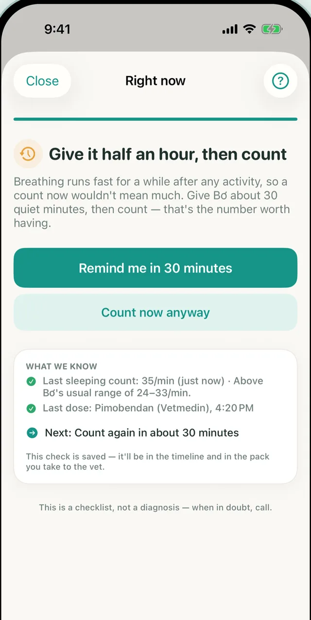 PawBeat prompting to wait about thirty minutes after activity before counting, with the last count and the usual range listed underneath