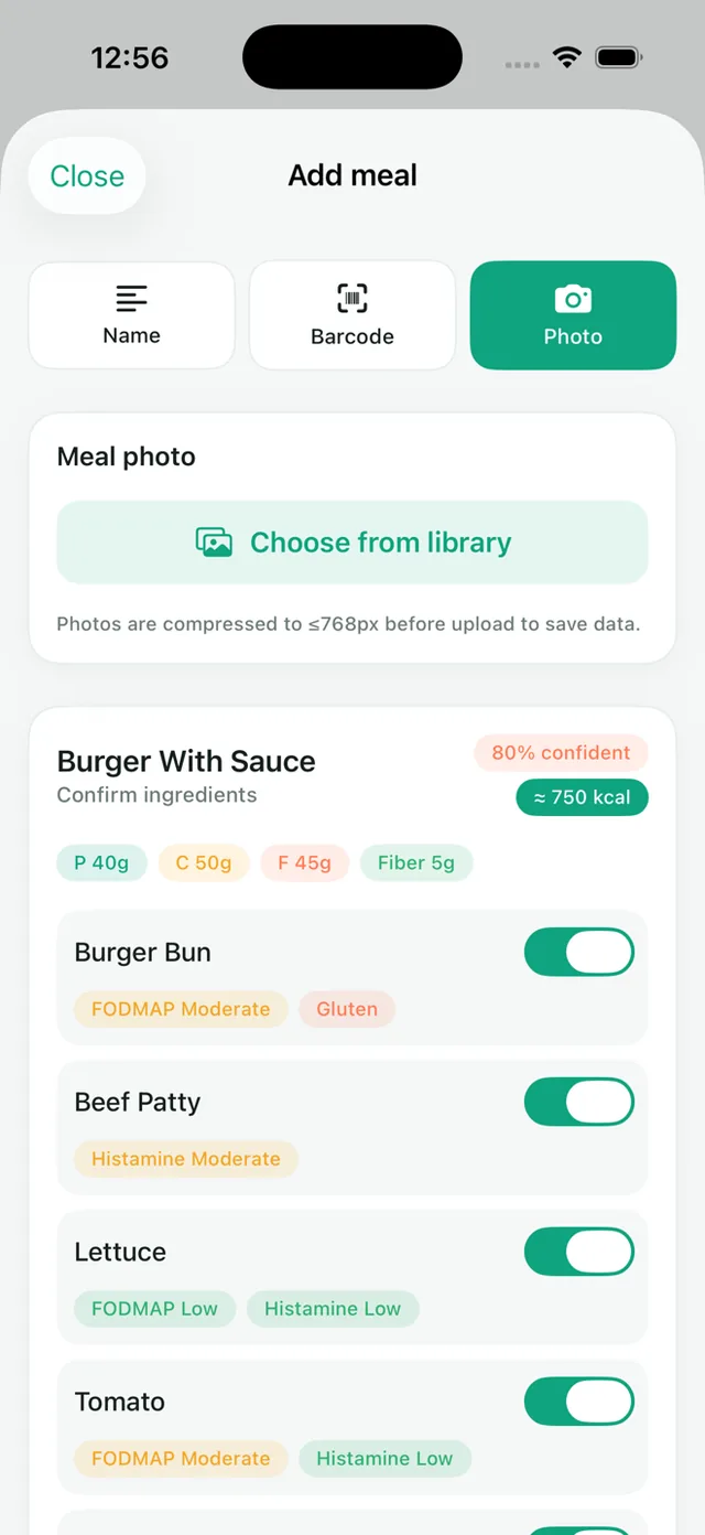 Velora breaking a burger into ingredients with histamine and FODMAP levels tagged on each