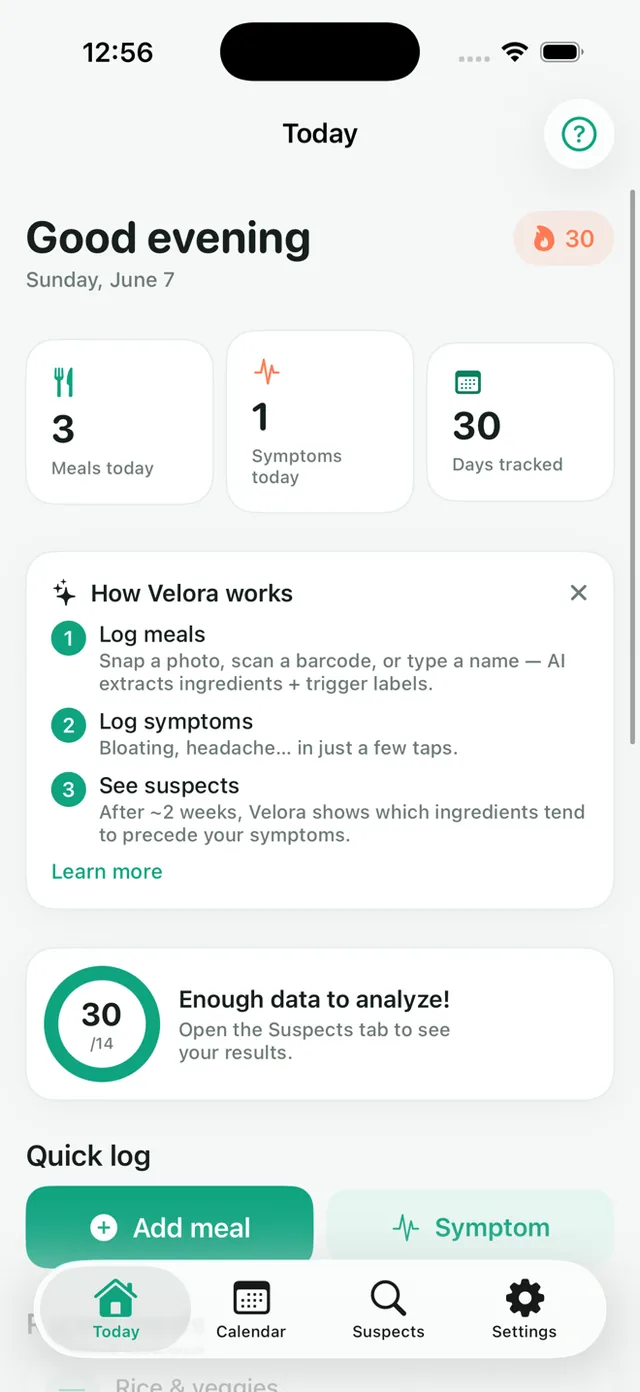 Velora Today screen with meals and symptoms logged and the three steps of how it works