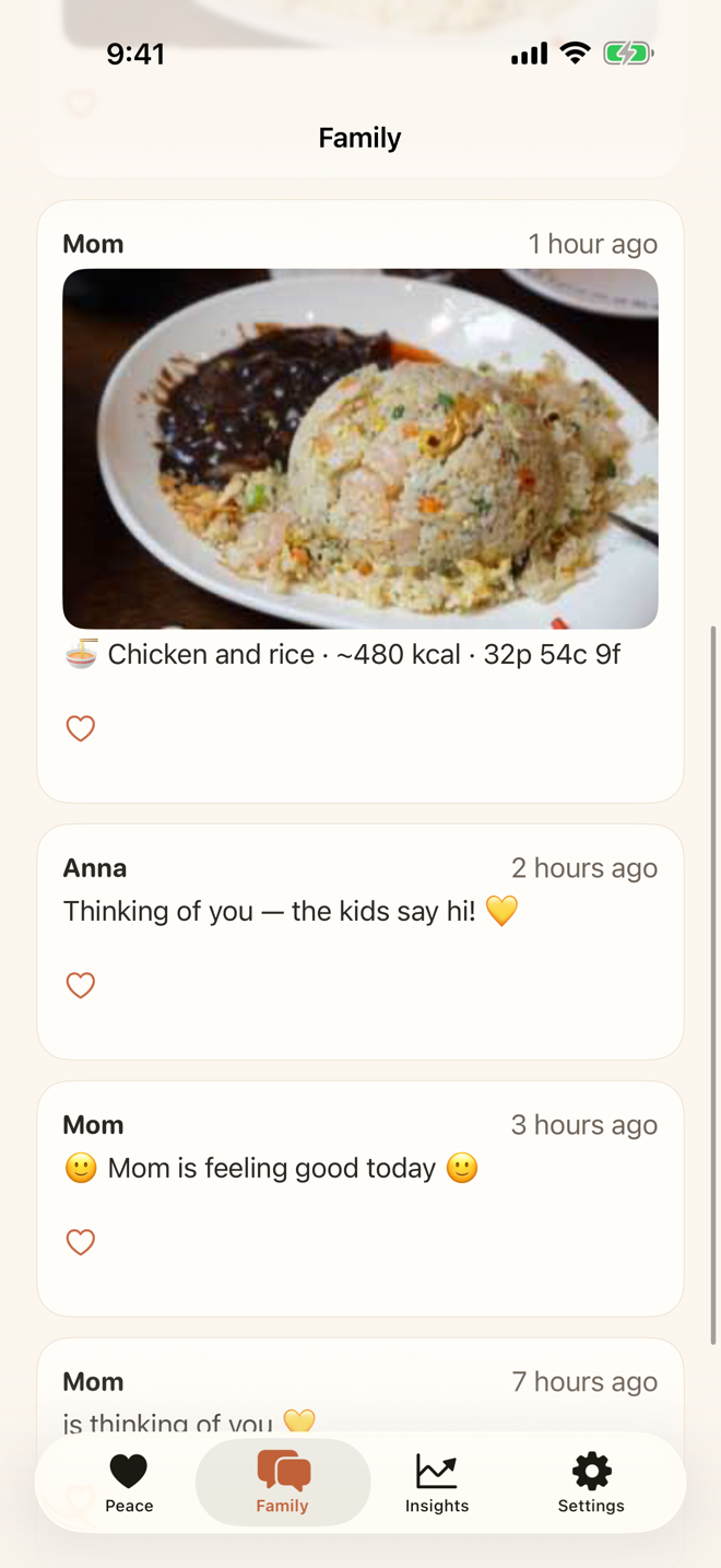 Okaya meal photo card showing dish name and estimated nutrition