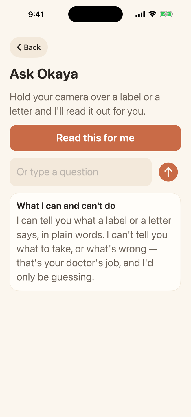 Ask Okaya screen reading a label aloud in plain words