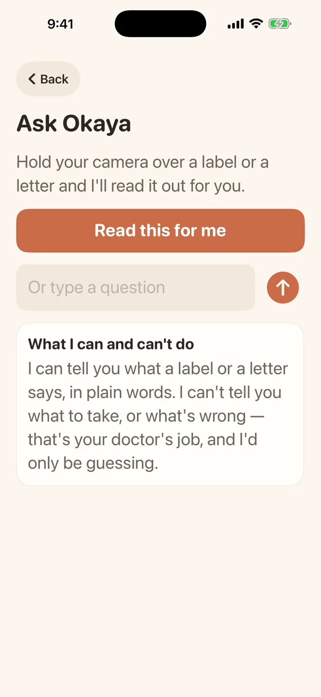 Ask Okaya screen reading a label aloud in plain words