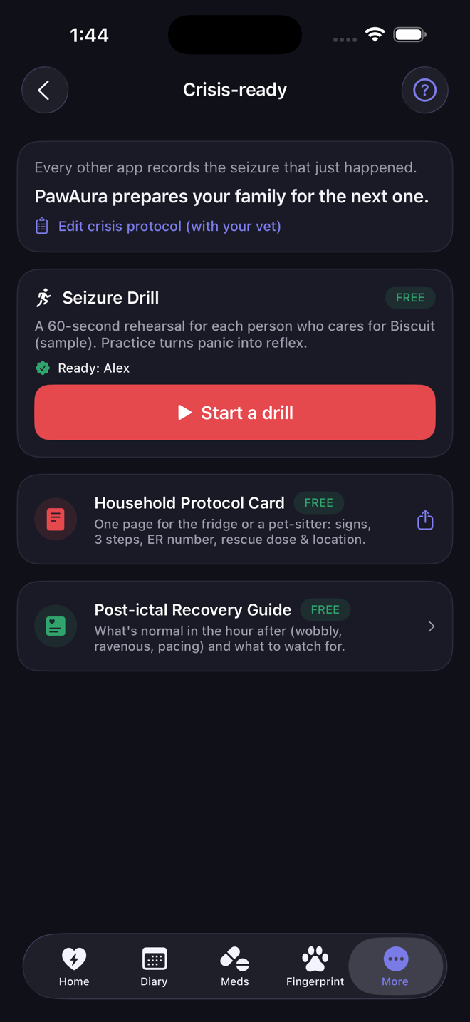 PawAura crisis-ready system screen