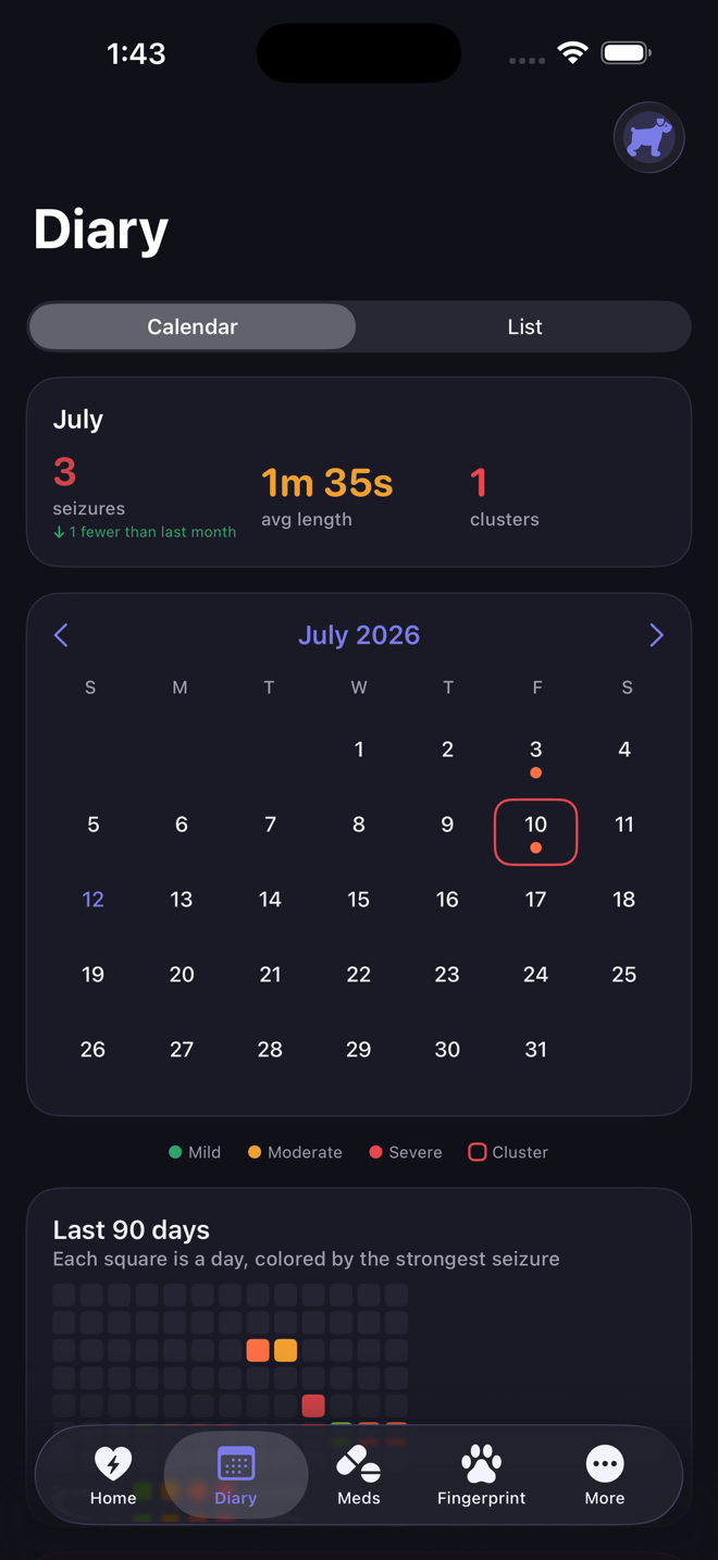 PawAura seizure diary and calendar