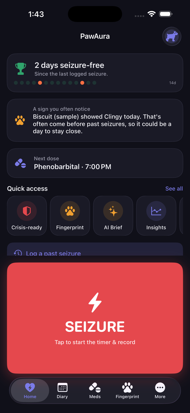 PawAura home screen with the full-width SEIZURE button and seizure-free streak