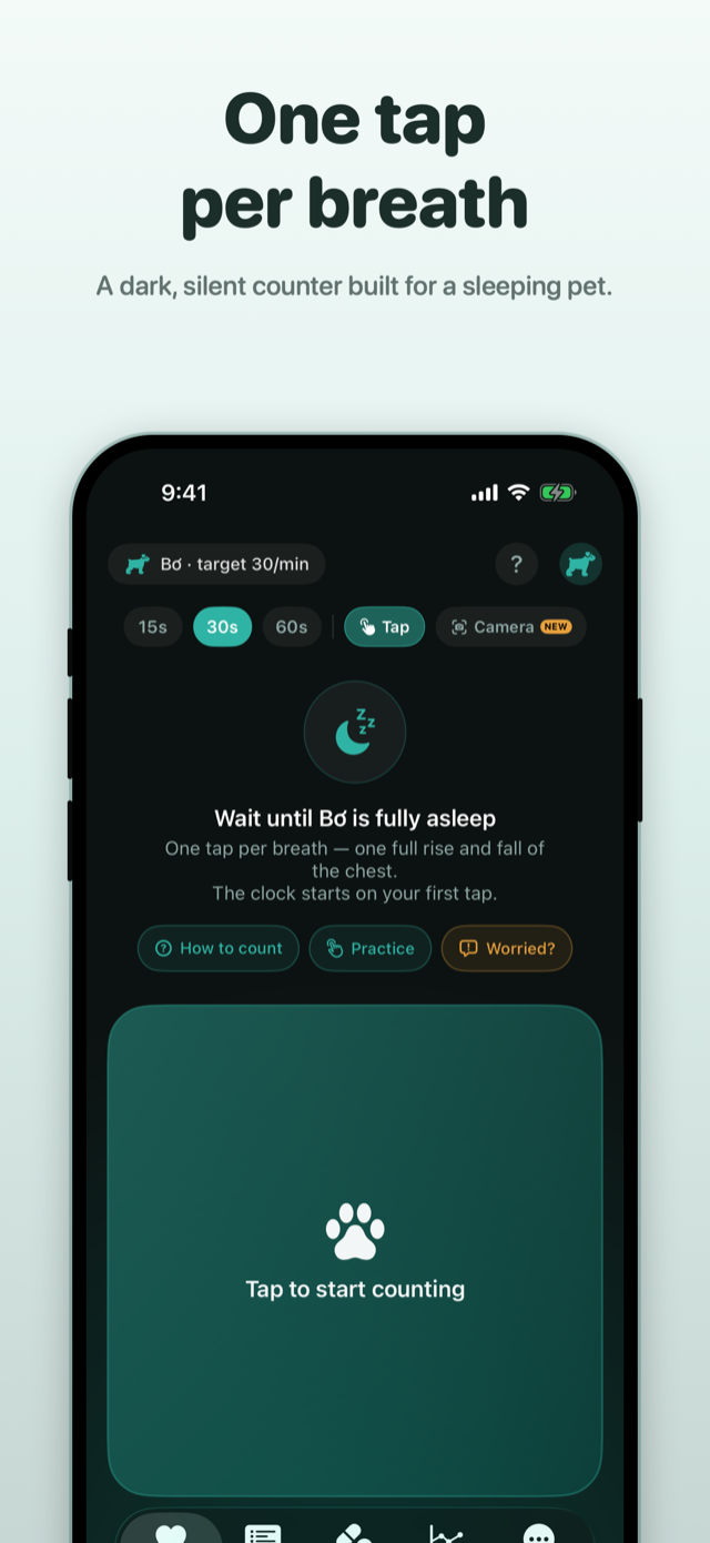 PawBeat counting screen: one tap per breath, a dark silent counter built for a sleeping pet