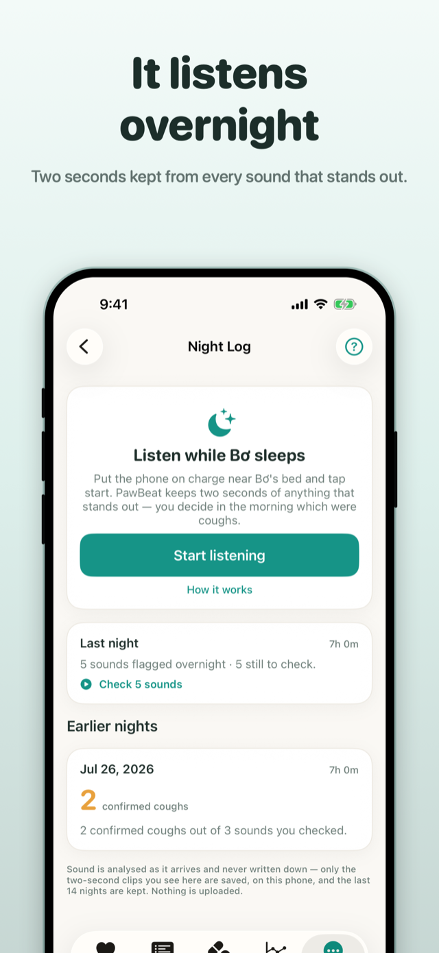 PawBeat Night Log: it listens overnight and keeps two seconds of every sound that stands out, on the phone only