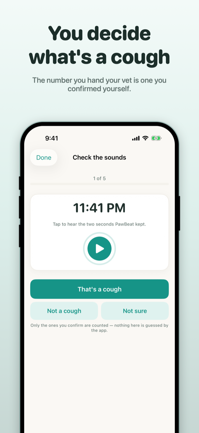 PawBeat morning review: play each overnight sound and confirm which were coughs