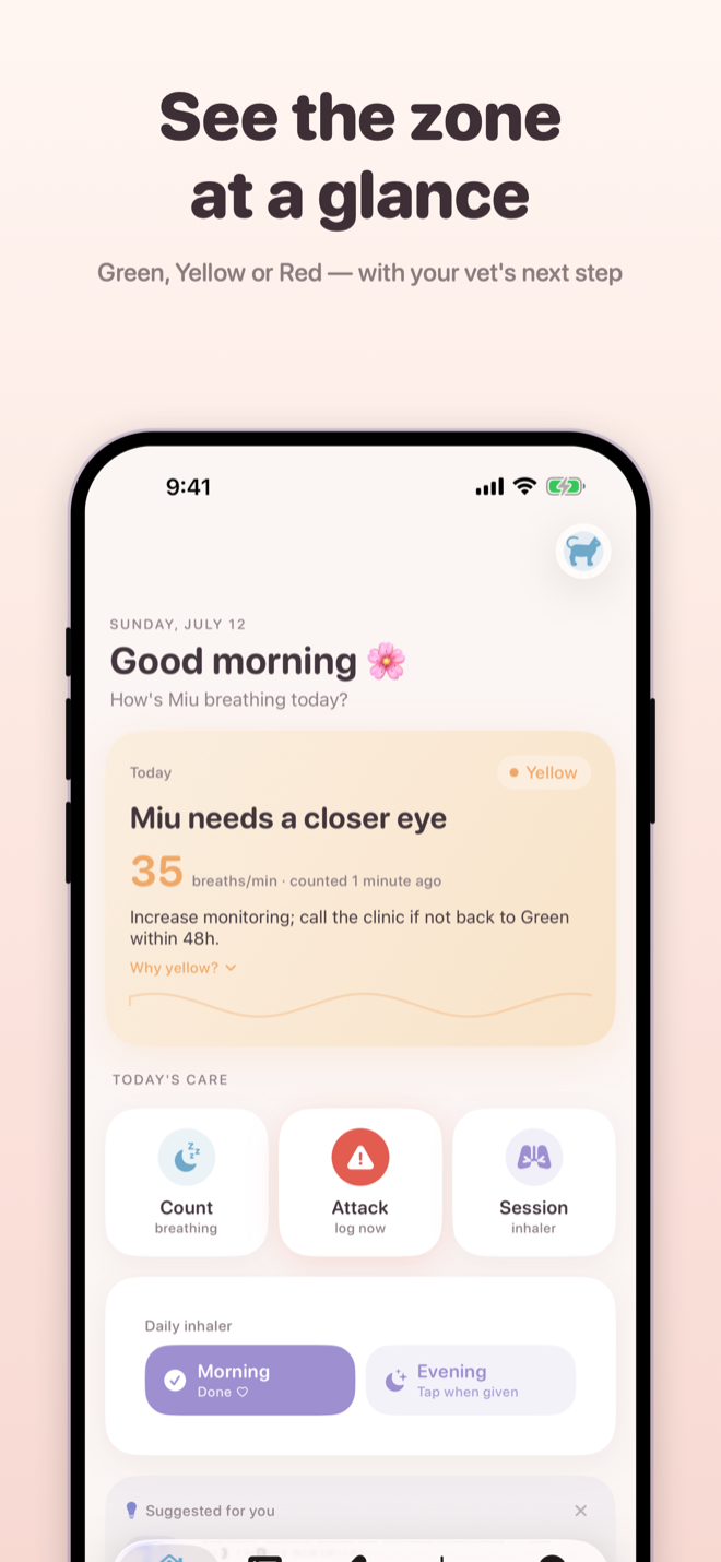 PawBreeze home screen with the breathing zone and inhaler doses for the day