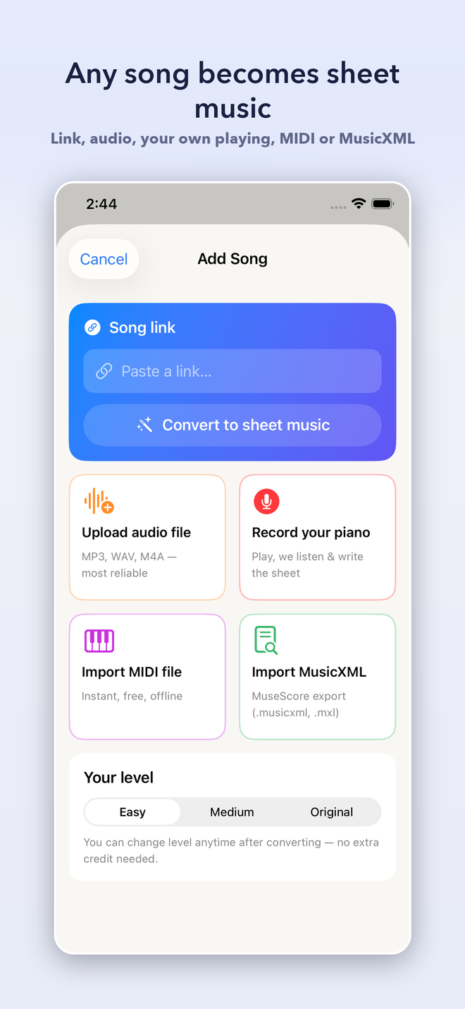 The Add Song screen in PianoSheet AI showing five ways to bring music in: paste a link, upload an audio file, record your own piano, import a MIDI file or import MusicXML