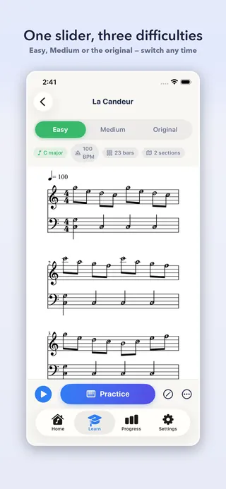 PianoSheet AI sheet view with three difficulty levels