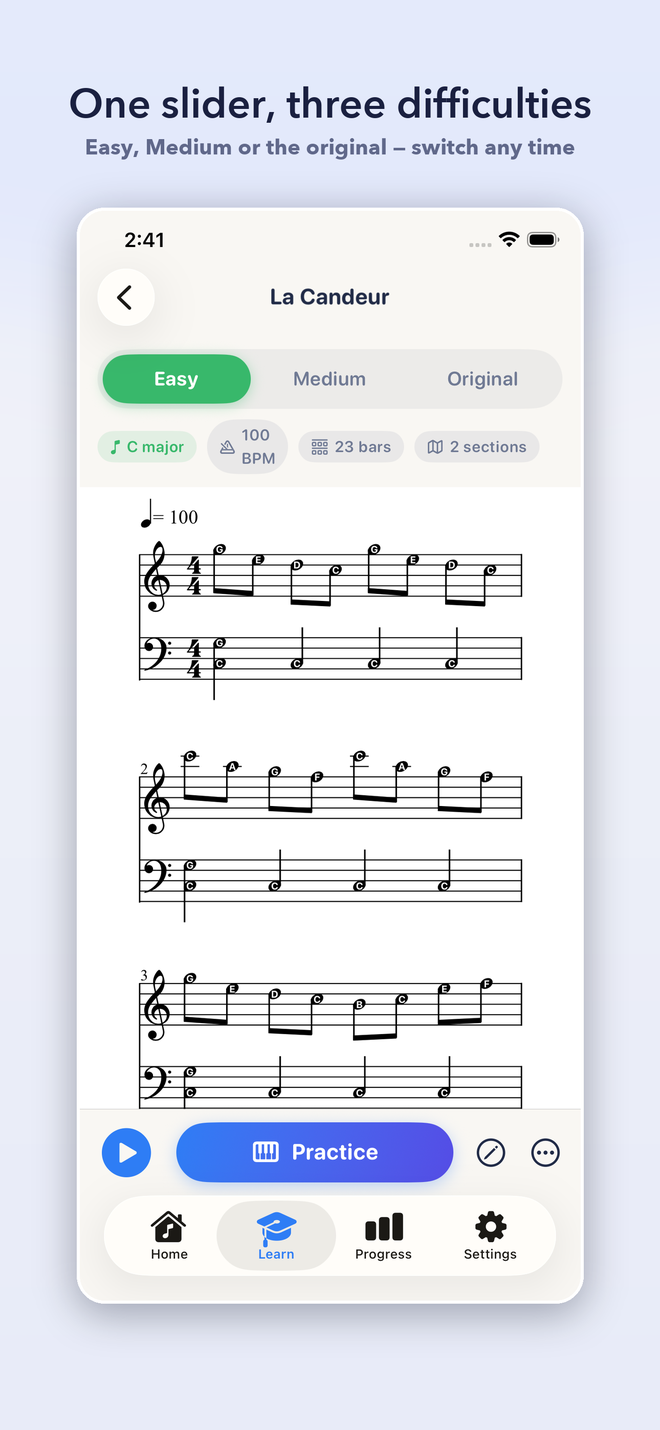 Piano sheet music in PianoSheet AI with the Easy, Medium and Original difficulty selector, showing key, tempo, bar count and sections