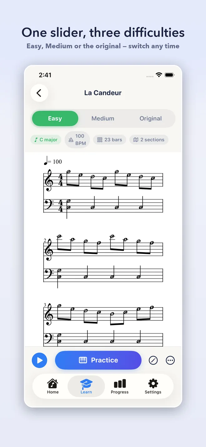 PianoSheet AI sheet view with the difficulty slider set to Medium