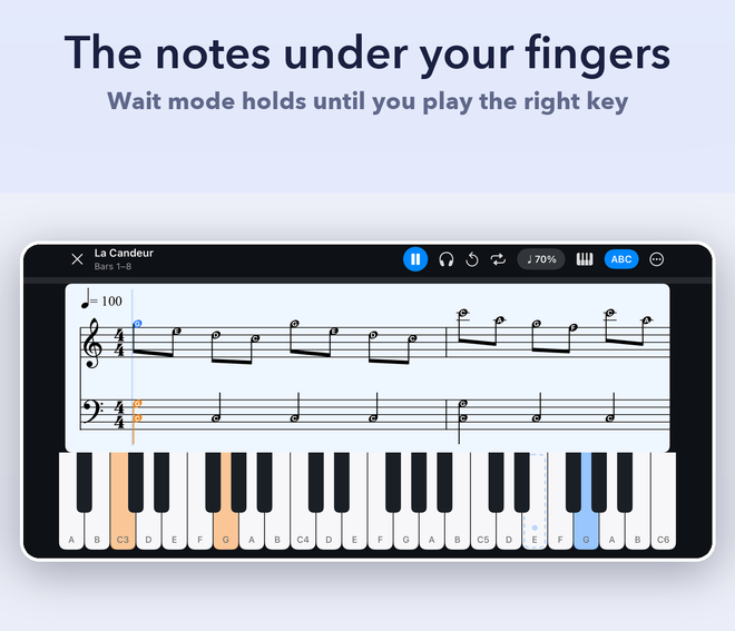 PianoSheet AI practice mode in landscape: the sheet sits above an on-screen piano keyboard, with Wait Mode holding the music until the right key is played