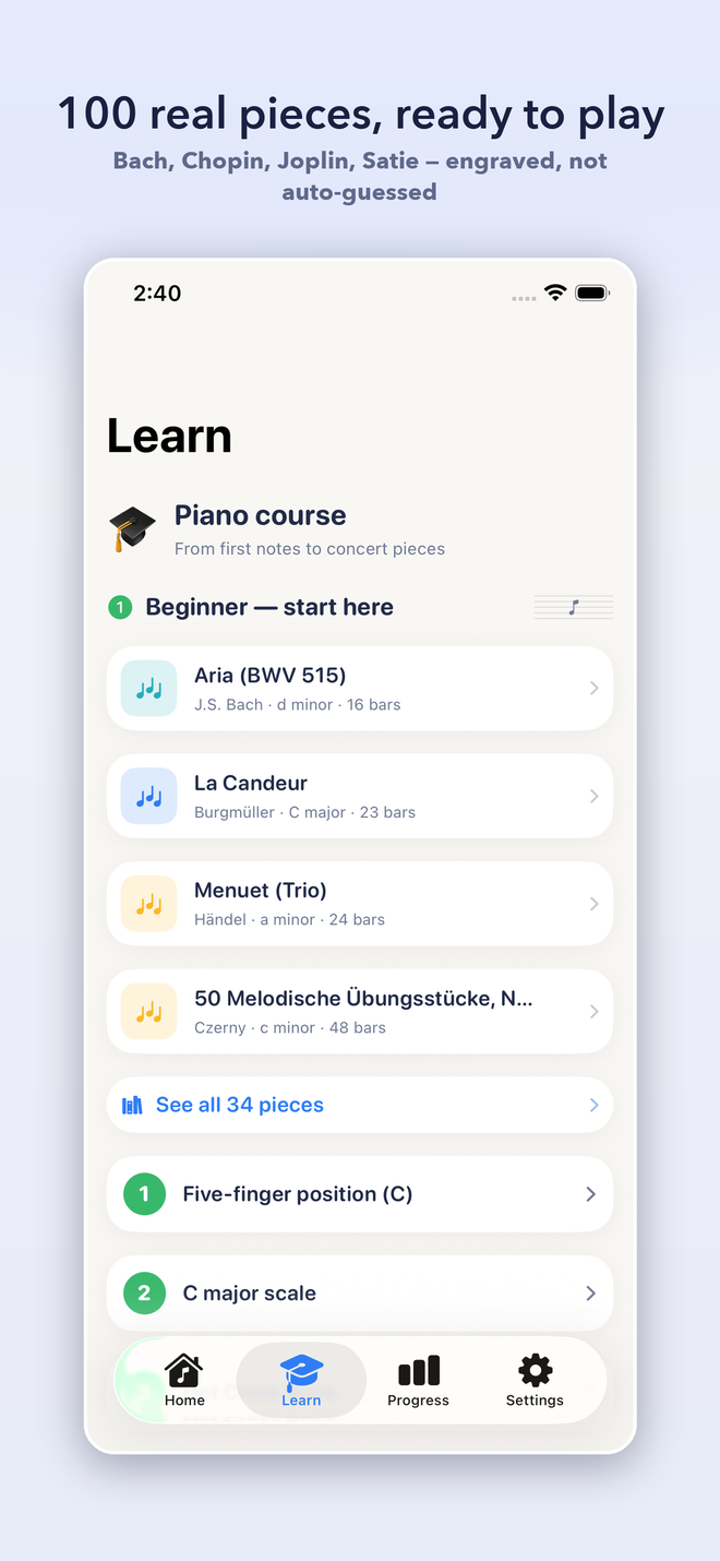 The Learn tab in PianoSheet AI listing bundled classical pieces by Bach, Burgmuller, Handel and Czerny with key and bar counts
