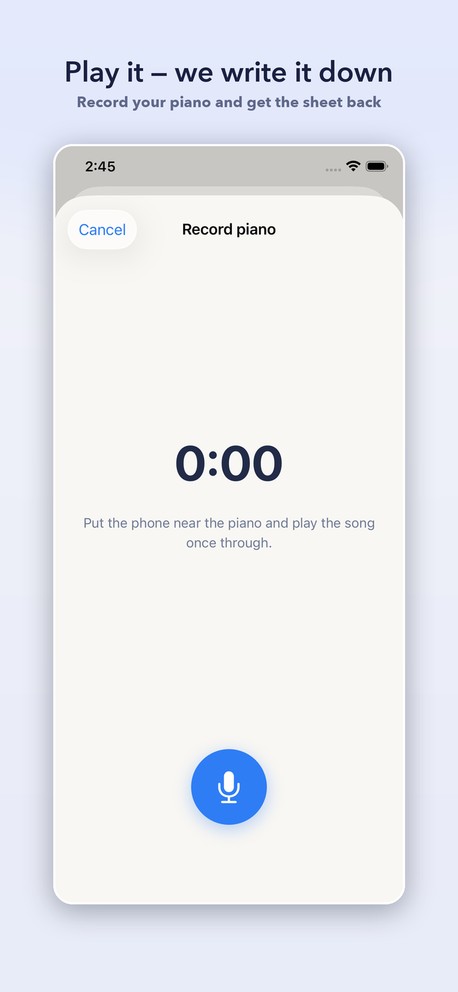 The Record piano screen in PianoSheet AI, which listens to you play and returns the sheet music