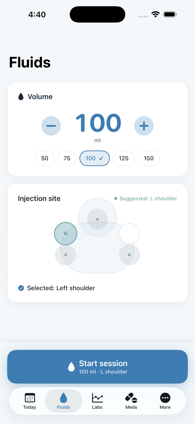 RenalPaw fluids screen with volume and injection-site rotation