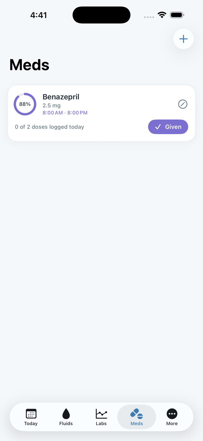 RenalPaw medications screen with compliance ring