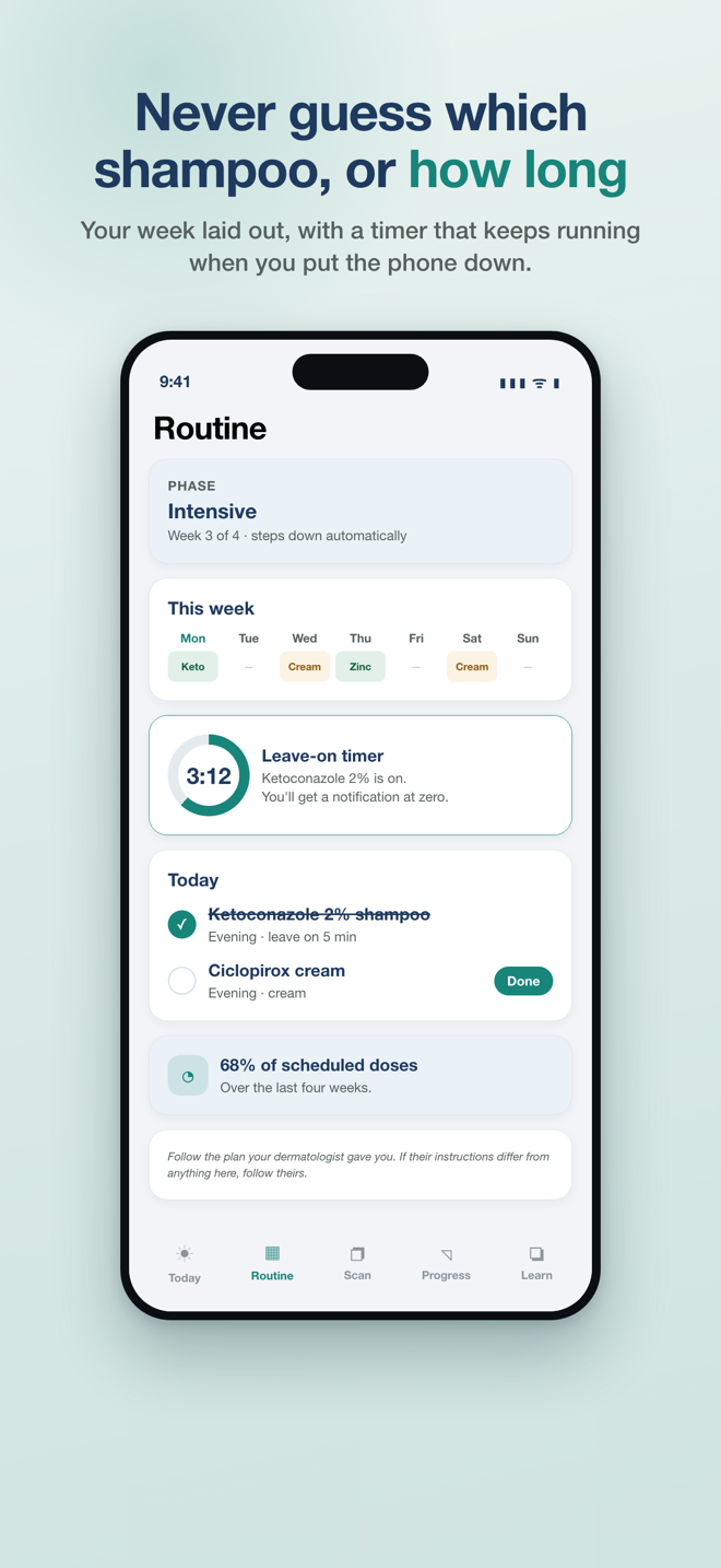 SebDerm Routine screen showing the intensive phase in week 3 of 4, a weekly grid of ketoconazole, cream and zinc days, a live leave-on timer counting down from 3 minutes 12 seconds, and today's checklist