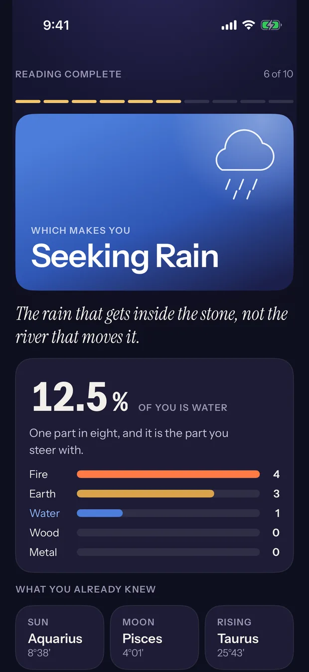 Ten Stems reveal screen showing the user's type, Seeking Rain, and the element balance of the chart