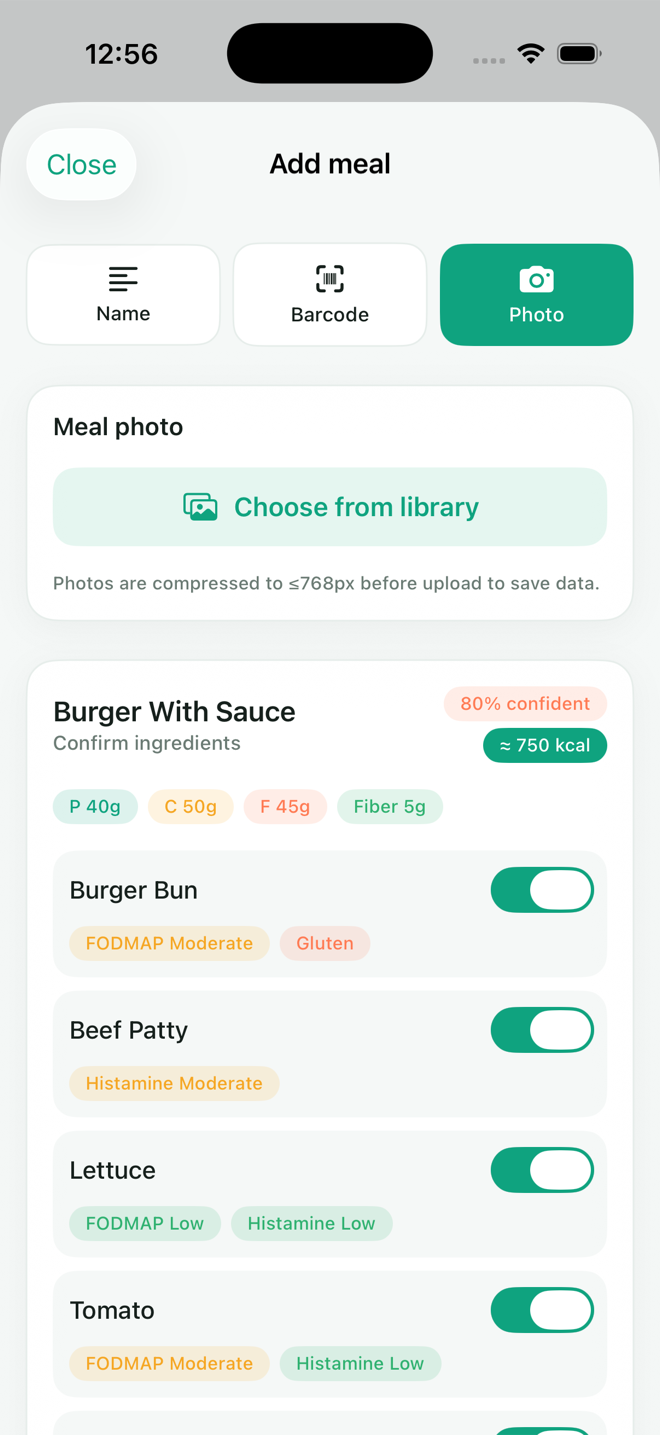 Velora AI breaking a meal into ingredients with trigger tags