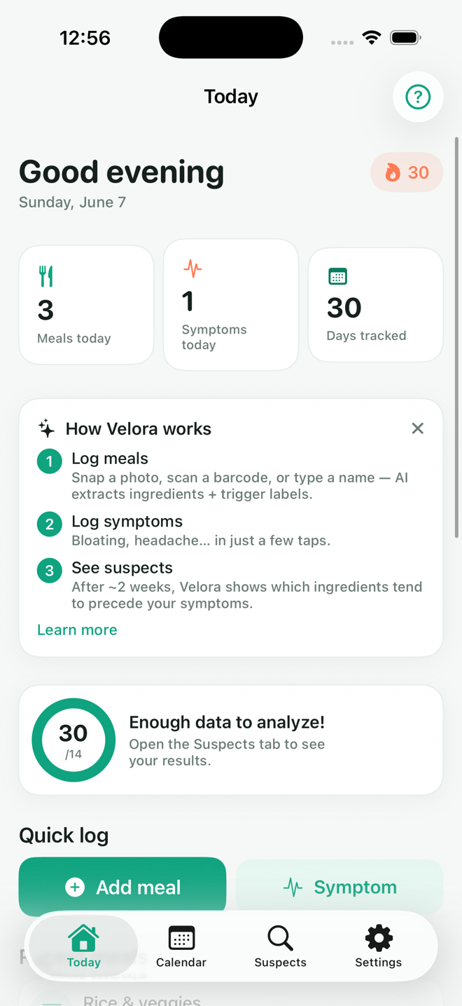 Velora Today screen showing how it works and quick logging