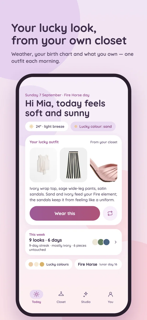 Wearomancy Today screen showing the day's outfit built from the user's own closet with the weather and the day's colour
