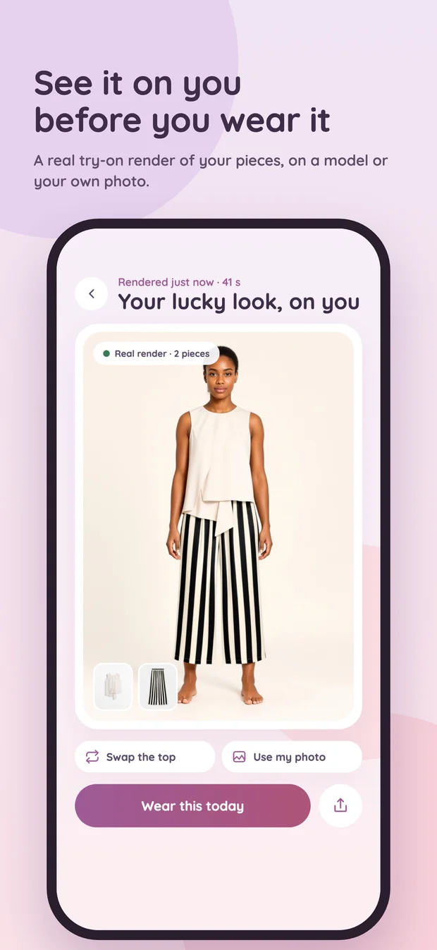 Wearomancy Studio showing a try-on render of a top and striped trousers on a model
