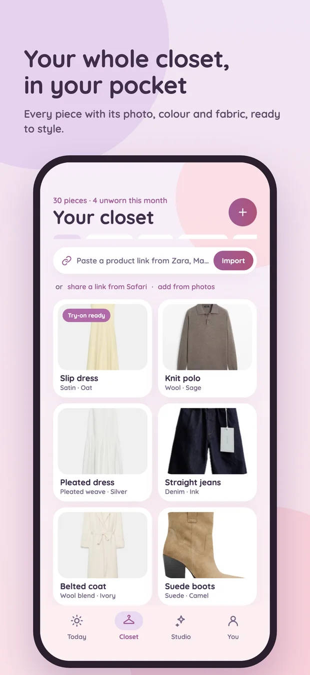 Wearomancy closet grid showing garments with their fabric and colour, and a field for pasting a product link