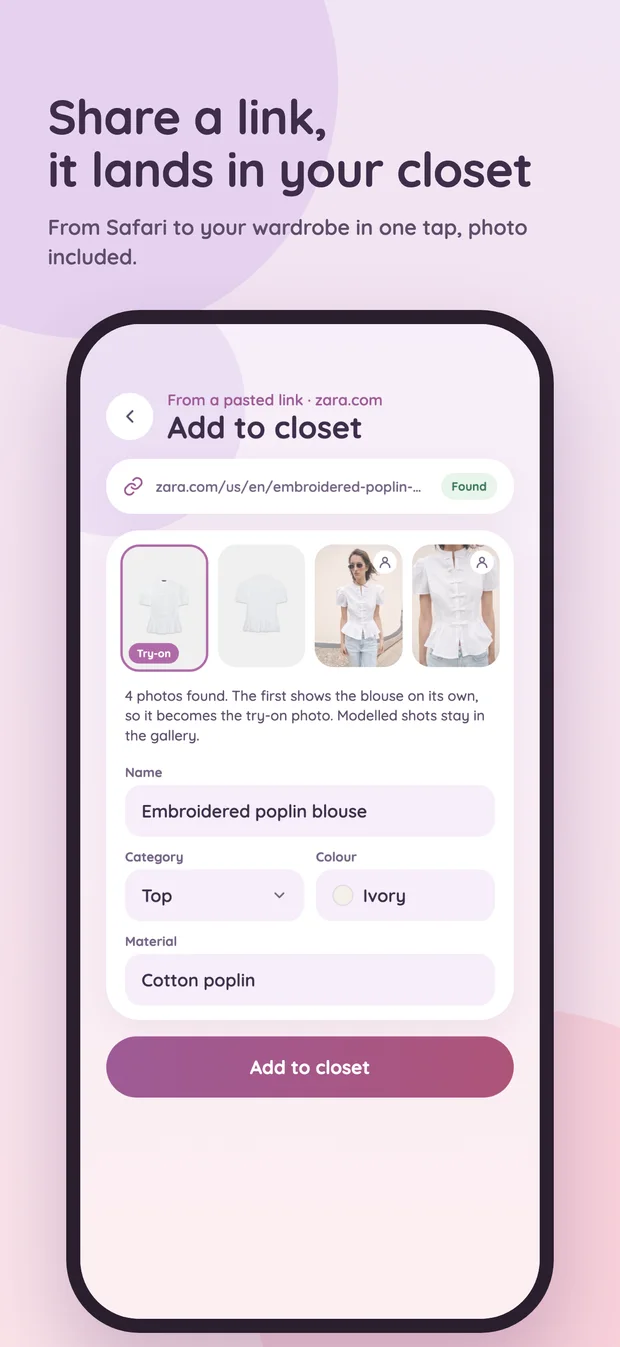 Wearomancy import review screen showing the photos found on a product page with the name, category, colour and material filled in for checking