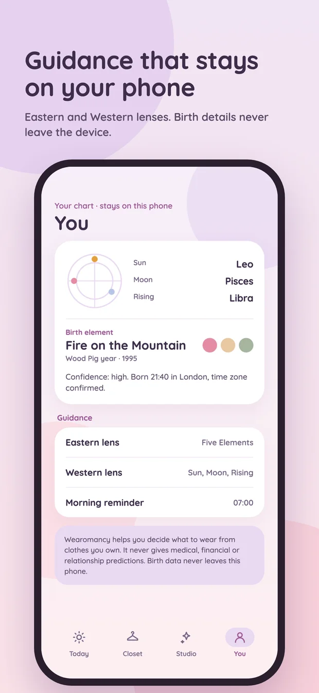 Wearomancy You tab showing the birth chart summary, the Eastern and Western guidance lenses and a note that birth data never leaves the phone